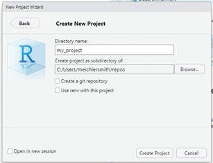 Screenshot of RStudio New Project set up screen